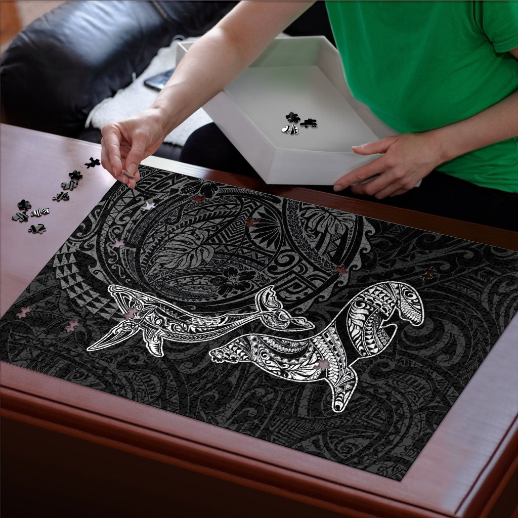 Hawaiian Monk Seal and Whale Puzzle Kakau Tribal Pattern Grayscale