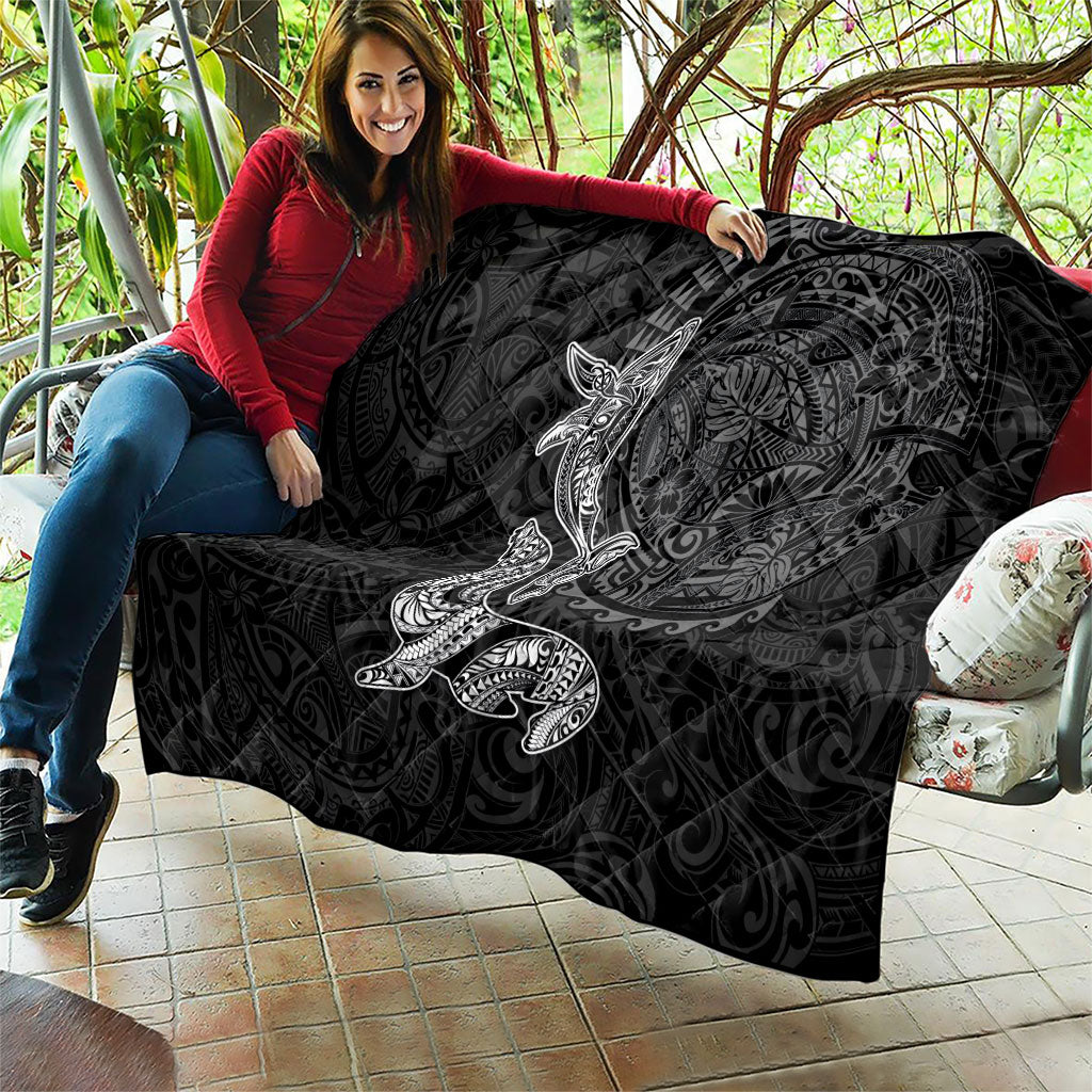 Hawaiian Monk Seal and Whale Quilt Kakau Tribal Pattern Grayscale