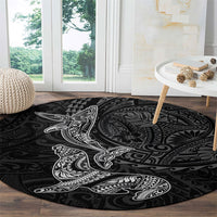 Hawaiian Monk Seal and Whale Round Carpet Kakau Tribal Pattern Grayscale