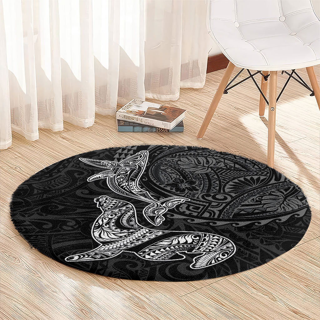 Hawaiian Monk Seal and Whale Round Carpet Kakau Tribal Pattern Grayscale