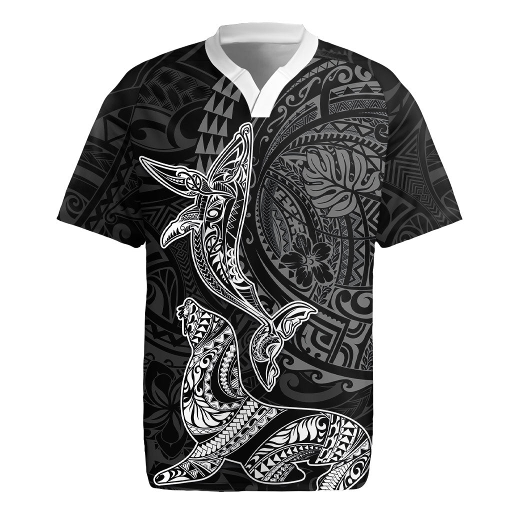 Hawaiian Monk Seal and Whale Rugby Jersey Kakau Tribal Pattern Grayscale