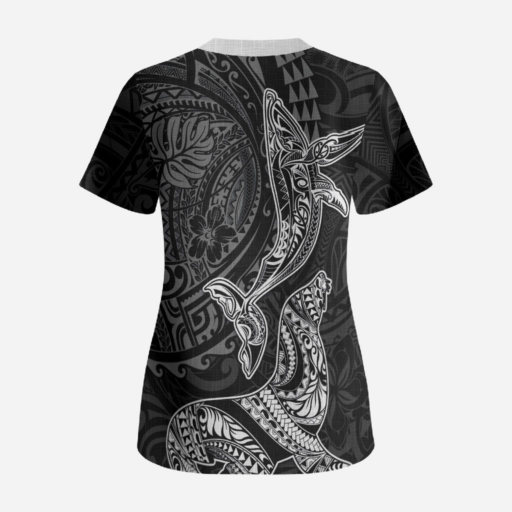 Hawaiian Monk Seal and Whale Scrub Top Kakau Tribal Pattern Grayscale