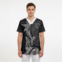 Hawaiian Monk Seal and Whale Scrub Top Kakau Tribal Pattern Grayscale
