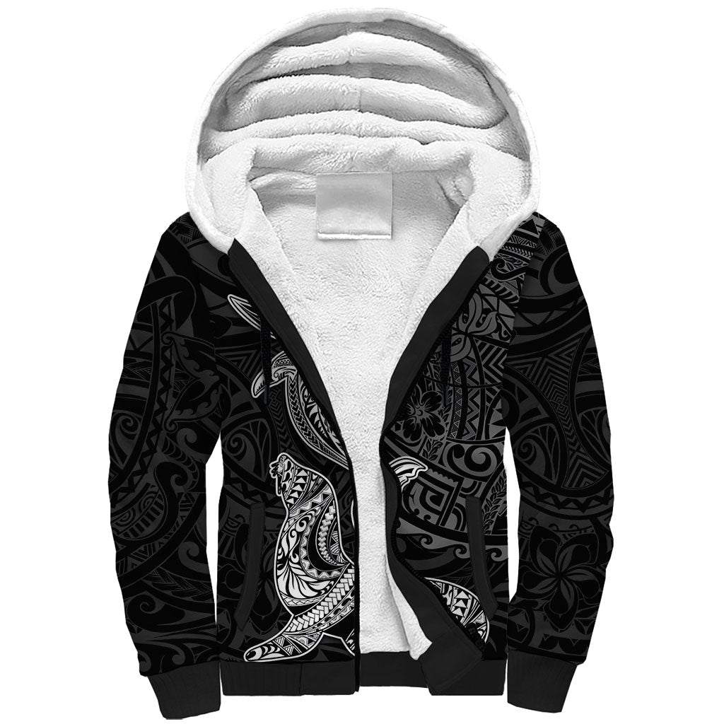 Hawaiian Monk Seal and Whale Sherpa Hoodie Kakau Tribal Pattern Grayscale LT03 Unisex Black - Polynesian Pride