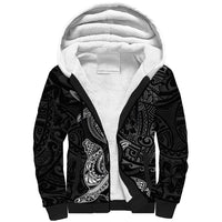 Hawaiian Monk Seal and Whale Sherpa Hoodie Kakau Tribal Pattern Grayscale LT03 Unisex Black - Polynesian Pride