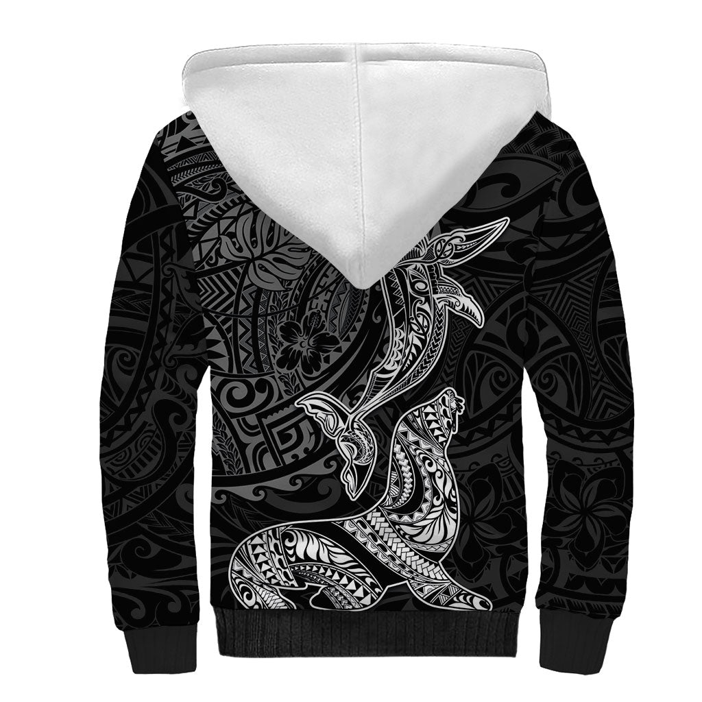 Hawaiian Monk Seal and Whale Sherpa Hoodie Kakau Tribal Pattern Grayscale LT03 - Polynesian Pride