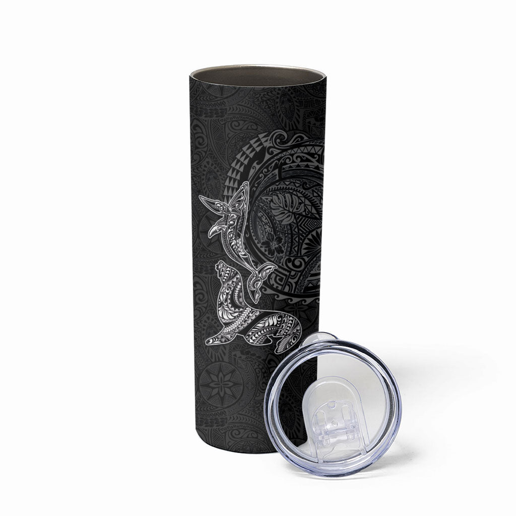 Hawaiian Monk Seal and Whale Skinny Tumbler Kakau Tribal Pattern Grayscale