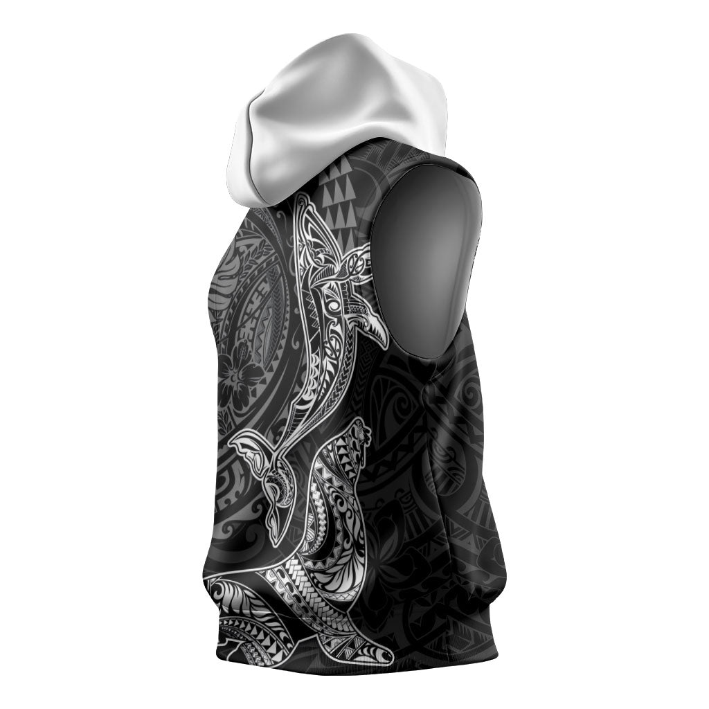 Hawaiian Monk Seal and Whale Sleeveless Hoodie Kakau Tribal Pattern Grayscale