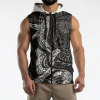 Hawaiian Monk Seal and Whale Sleeveless Zip Hoodie Kakau Tribal Pattern Grayscale