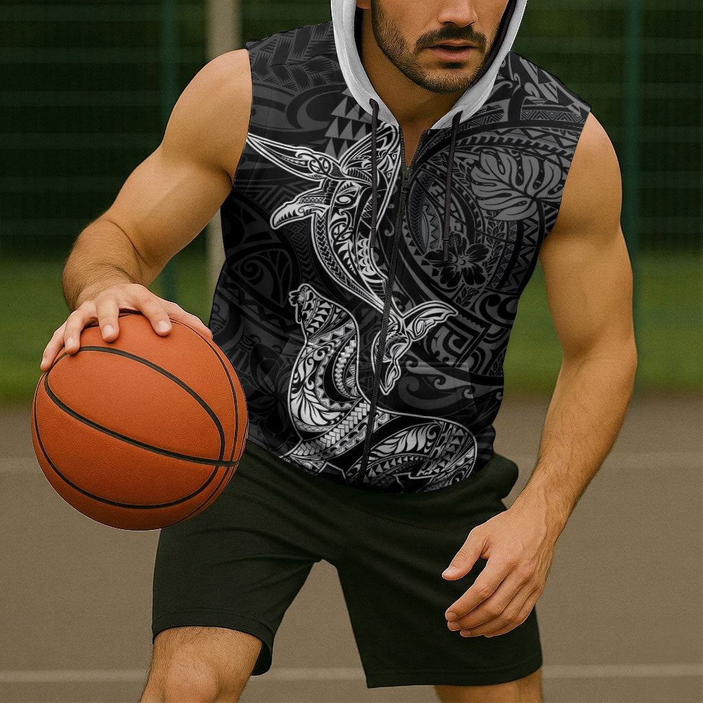 Hawaiian Monk Seal and Whale Sleeveless Zip Hoodie Kakau Tribal Pattern Grayscale