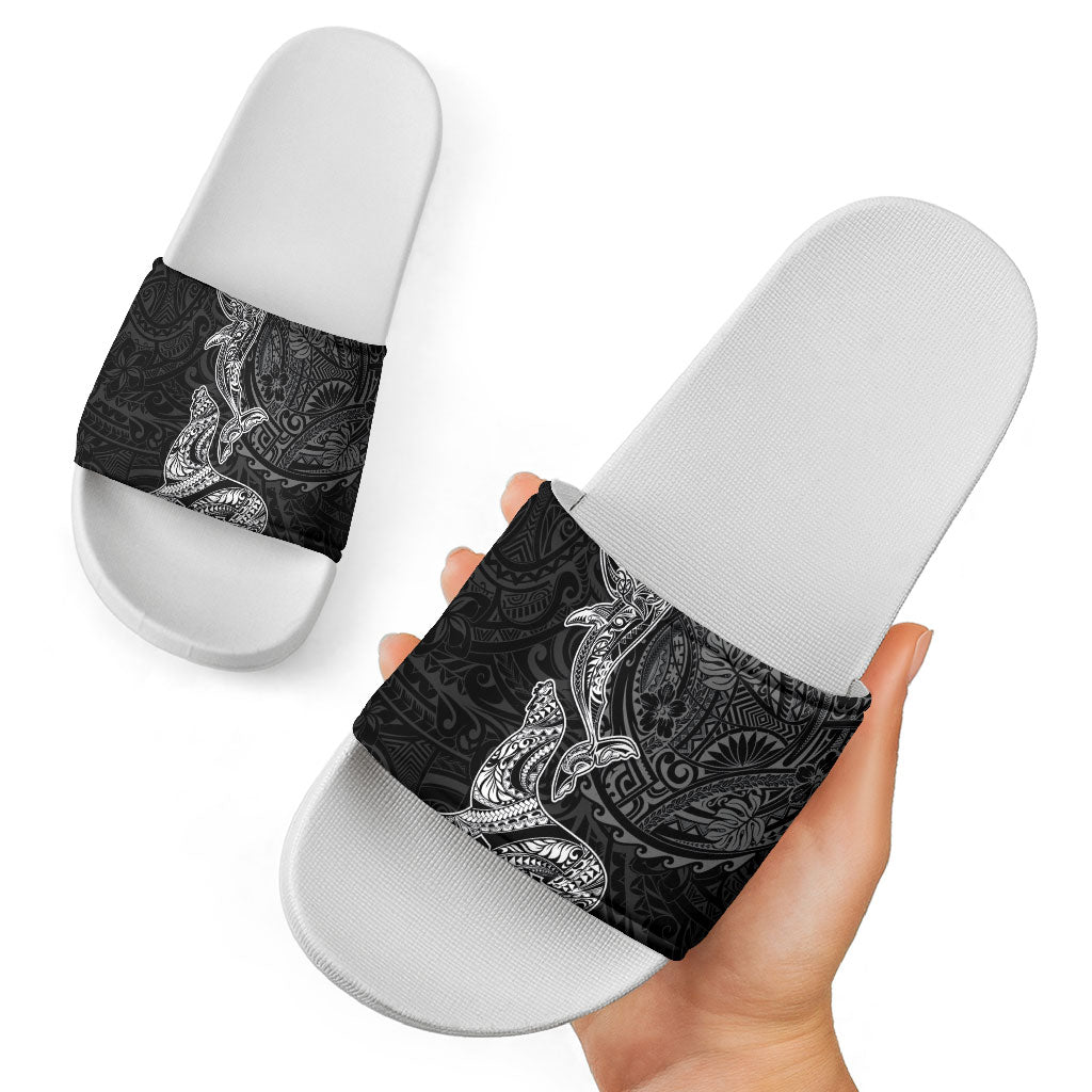 Hawaiian Monk Seal and Whale Slide Sandals Kakau Tribal Pattern Grayscale