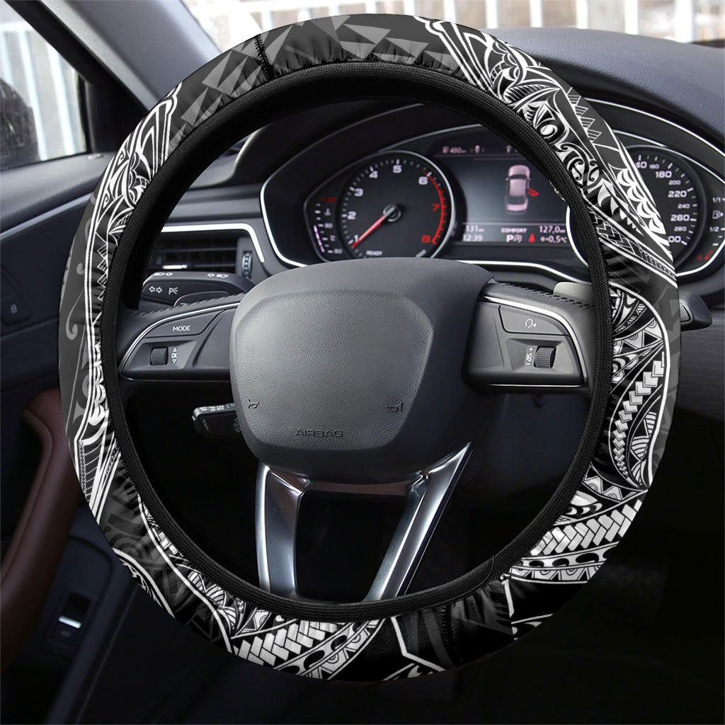Hawaiian Monk Seal and Whale Steering Wheel Cover Kakau Tribal Pattern Grayscale