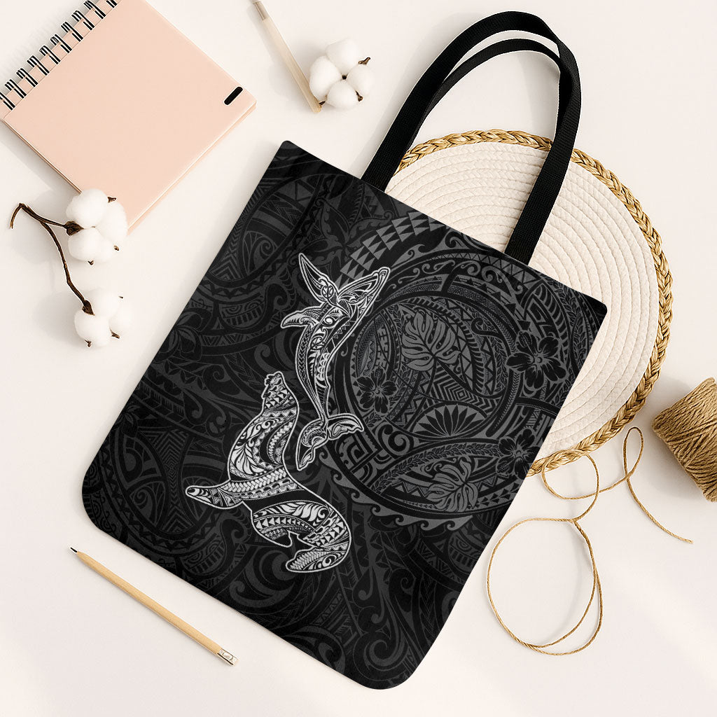 Hawaiian Monk Seal and Whale Tote Bag Kakau Tribal Pattern Grayscale