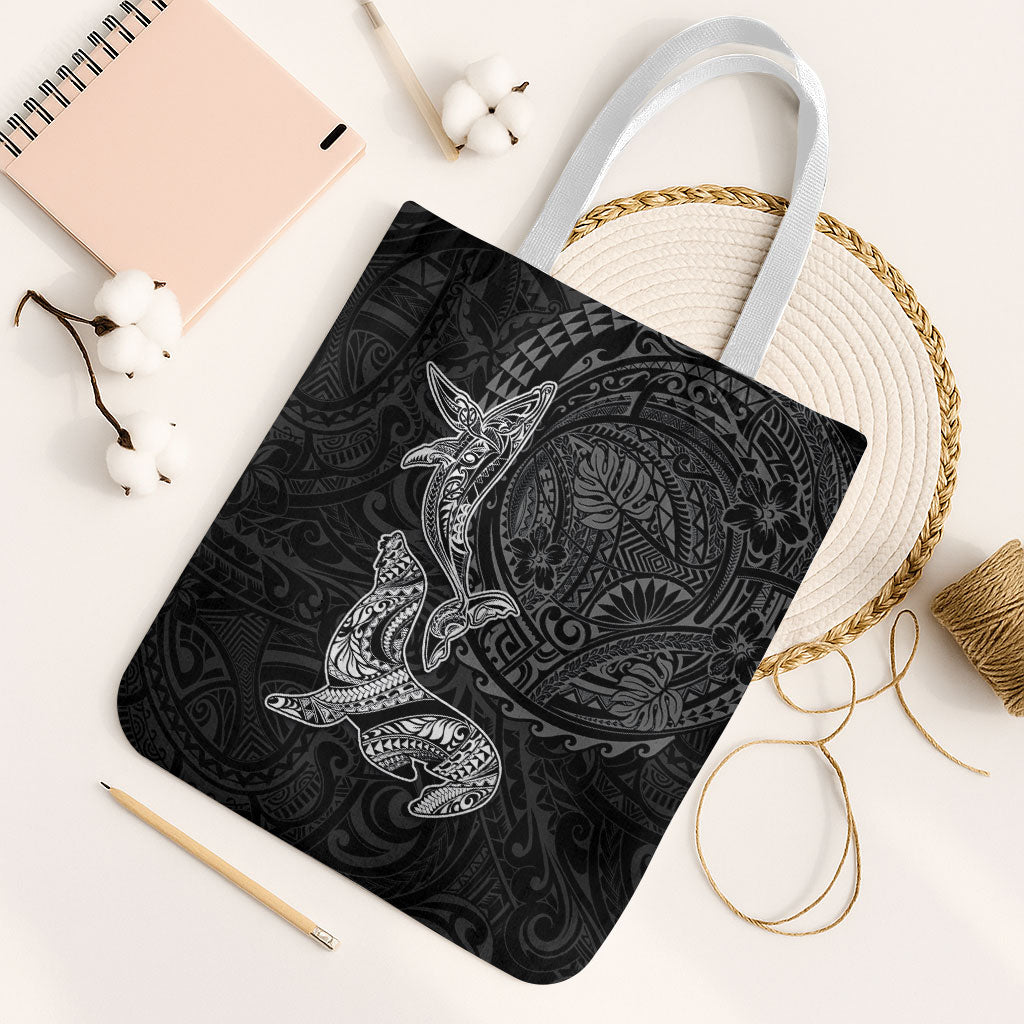 Hawaiian Monk Seal and Whale Tote Bag Kakau Tribal Pattern Grayscale