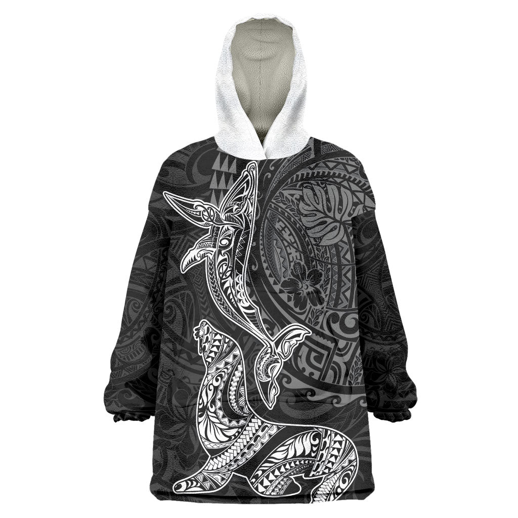 Hawaiian Monk Seal and Whale Wearable Blanket Hoodie Kakau Tribal Pattern Grayscale