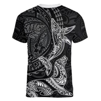 Hawaiian Monk Seal and Whale Women V-Neck T-Shirt Kakau Tribal Pattern Grayscale