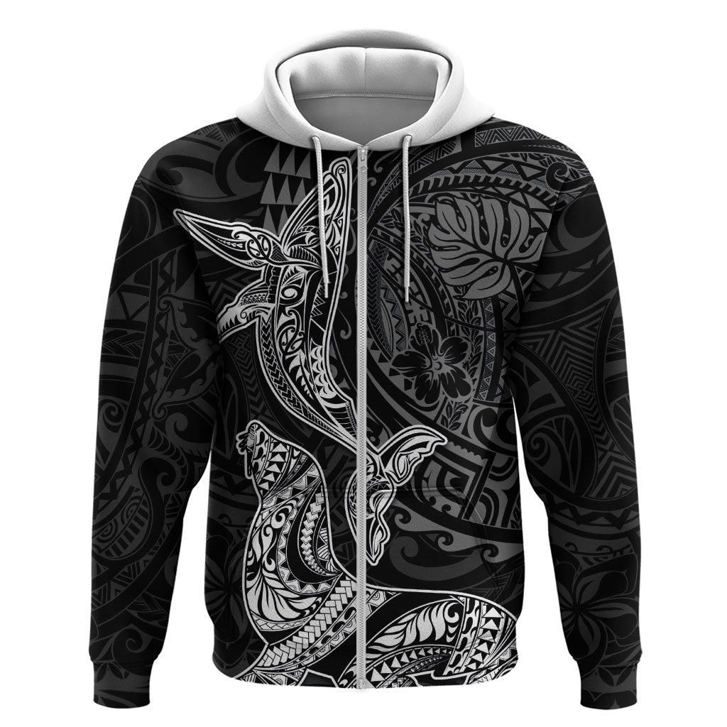 Hawaiian Monk Seal and Whale Zip Hoodie Kakau Tribal Pattern Grayscale