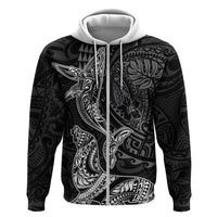 Hawaiian Monk Seal and Whale Zip Hoodie Kakau Tribal Pattern Grayscale