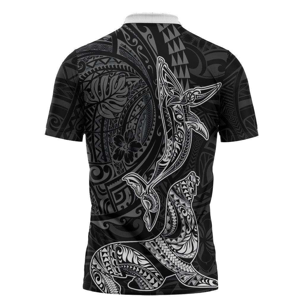 Hawaiian Monk Seal and Whale Zipper Polo Shirt Kakau Tribal Pattern Grayscale