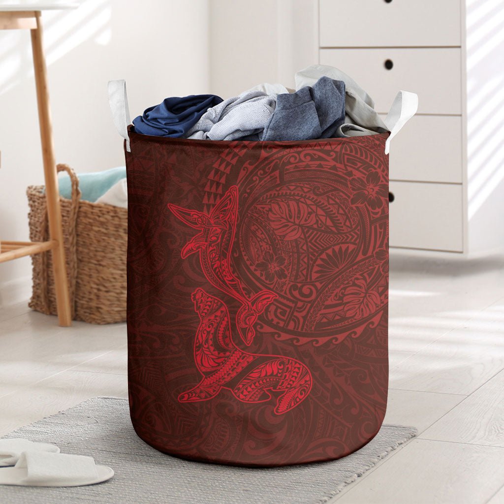 Hawaiian Monk Seal and Whale Laundry Basket Kakau Tribal Pattern Red Color