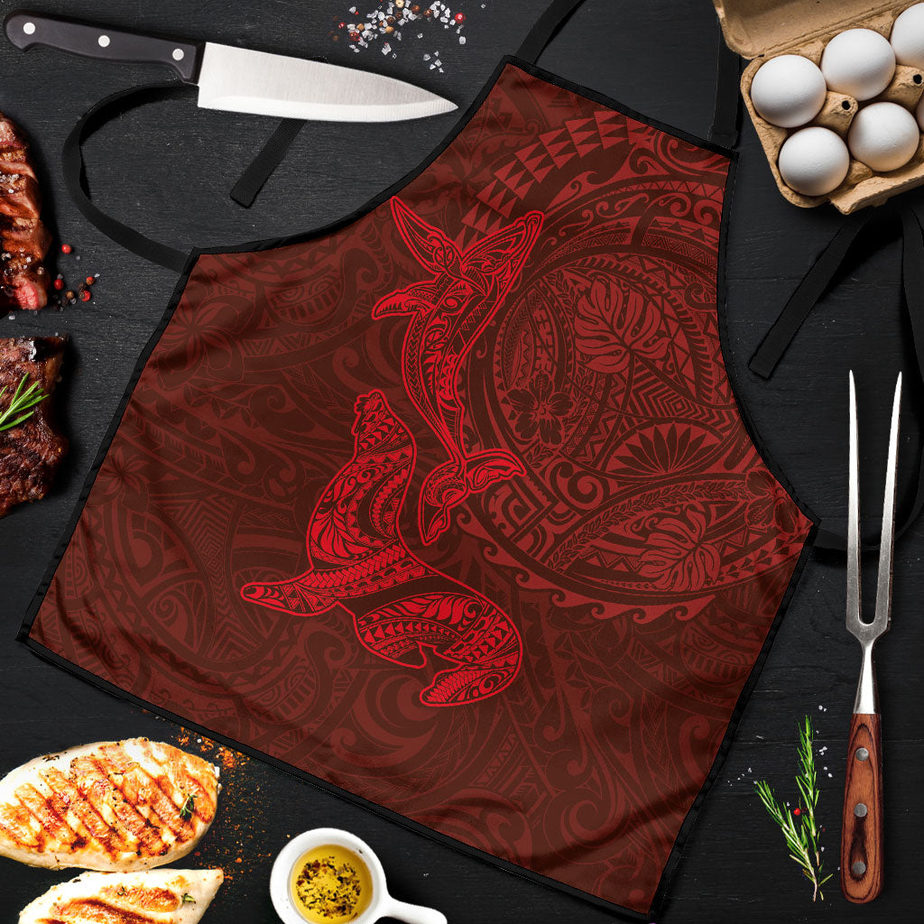 Hawaiian Monk Seal and Whale Apron Kakau Tribal Pattern Red Color