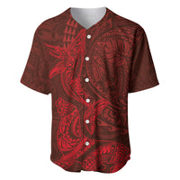 Hawaiian Monk Seal and Whale Baseball Jersey Kakau Tribal Pattern Red Color