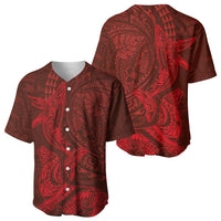Hawaiian Monk Seal and Whale Baseball Jersey Kakau Tribal Pattern Red Color