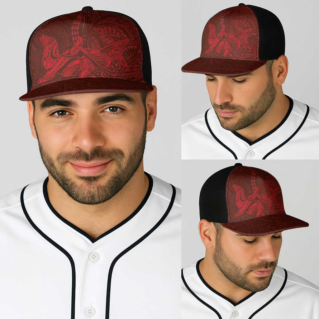 Hawaiian Monk Seal and Whale Baseball Net Cap Kakau Tribal Pattern Red Color