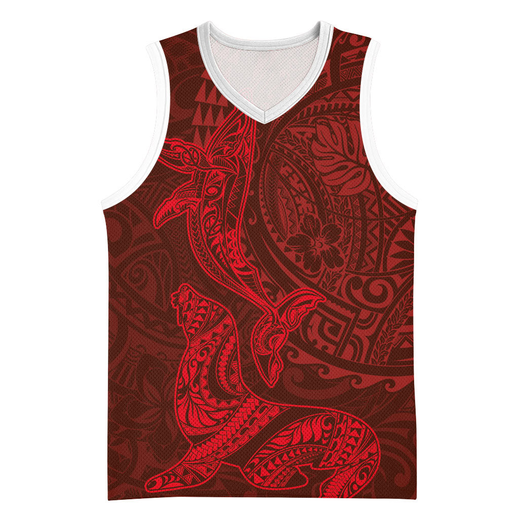 Hawaiian Monk Seal and Whale Basketball Jersey Kakau Tribal Pattern Red Color