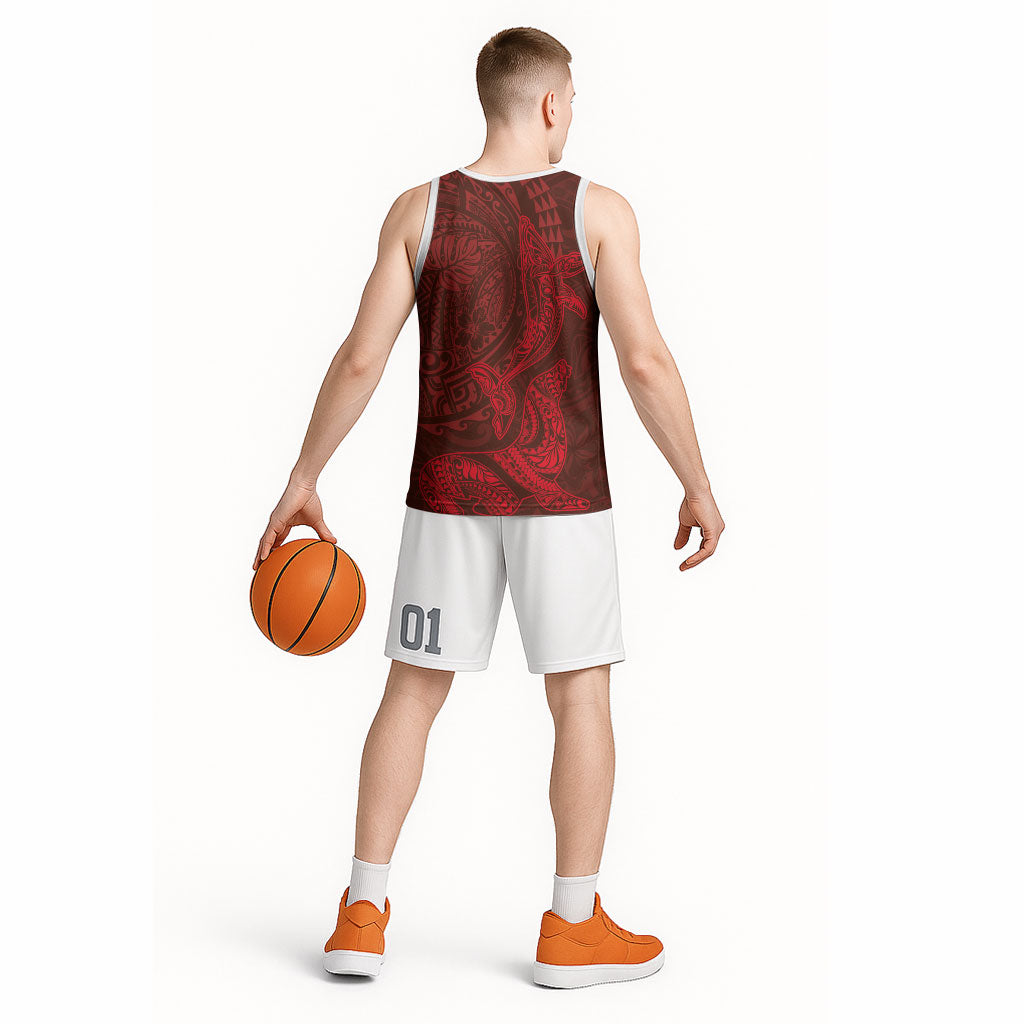 Hawaiian Monk Seal and Whale Basketball Jersey Kakau Tribal Pattern Red Color