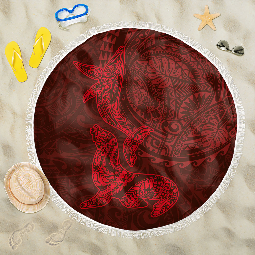 Hawaiian Monk Seal and Whale Beach Blanket Kakau Tribal Pattern Red Color