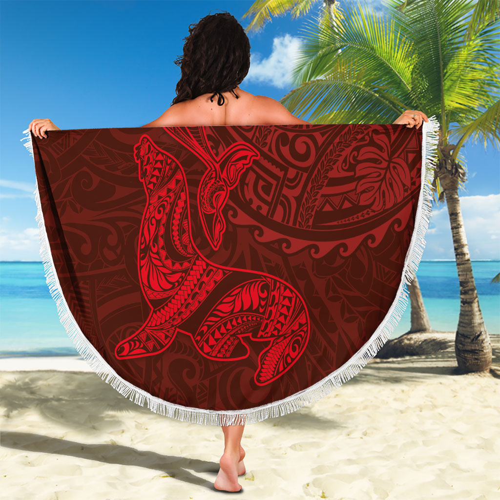 Hawaiian Monk Seal and Whale Beach Blanket Kakau Tribal Pattern Red Color