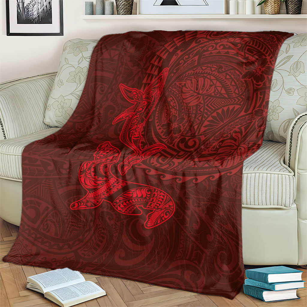 Hawaiian Monk Seal and Whale Blanket Kakau Tribal Pattern Red Color