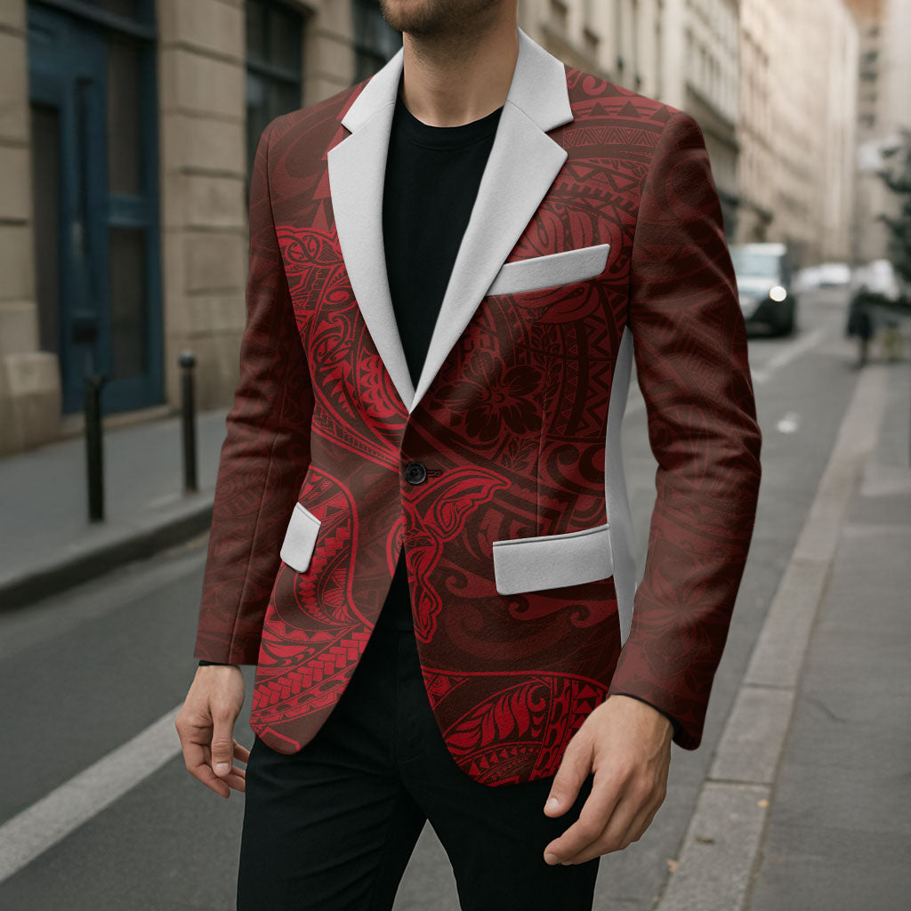 Hawaiian Monk Seal and Whale Blazer Kakau Tribal Pattern Red Color