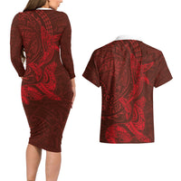 Hawaiian Monk Seal and Whale Couples Matching Long Sleeve Bodycon Dress and Hawaiian Shirt Kakau Tribal Pattern Red Color LT03 - Polynesian Pride