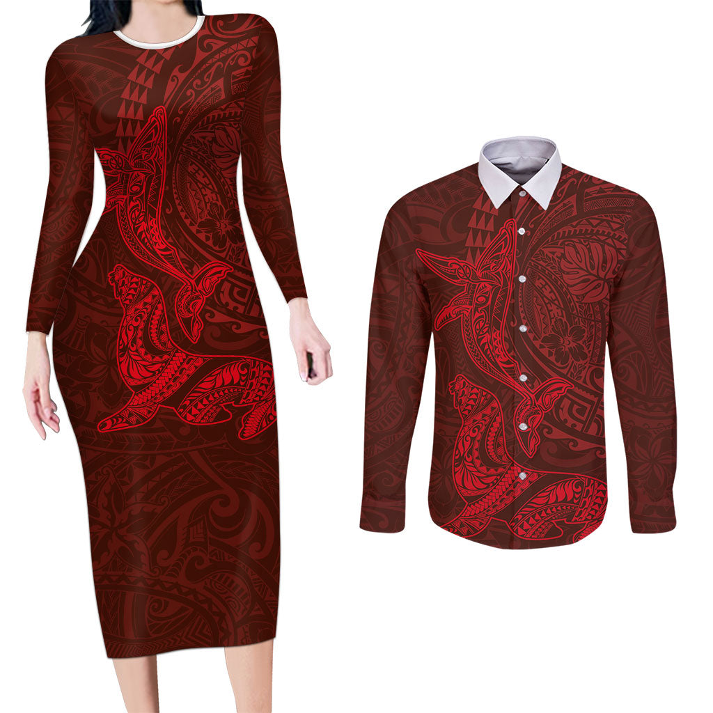 Hawaiian Monk Seal and Whale Couples Matching Long Sleeve Bodycon Dress and Long Sleeve Button Shirt Kakau Tribal Pattern Red Color