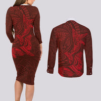 Hawaiian Monk Seal and Whale Couples Matching Long Sleeve Bodycon Dress and Long Sleeve Button Shirt Kakau Tribal Pattern Red Color LT03 - Polynesian Pride