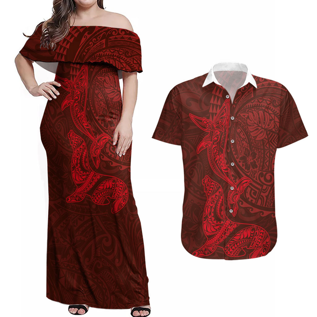 Hawaiian Monk Seal and Whale Couples Matching Off Shoulder Maxi Dress and Hawaiian Shirt Kakau Tribal Pattern Red Color LT03 Red - Polynesian Pride