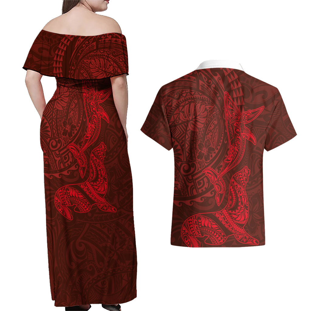 Hawaiian Monk Seal and Whale Couples Matching Off Shoulder Maxi Dress and Hawaiian Shirt Kakau Tribal Pattern Red Color LT03 - Polynesian Pride