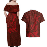 Hawaiian Monk Seal and Whale Couples Matching Off Shoulder Maxi Dress and Hawaiian Shirt Kakau Tribal Pattern Red Color LT03 - Polynesian Pride