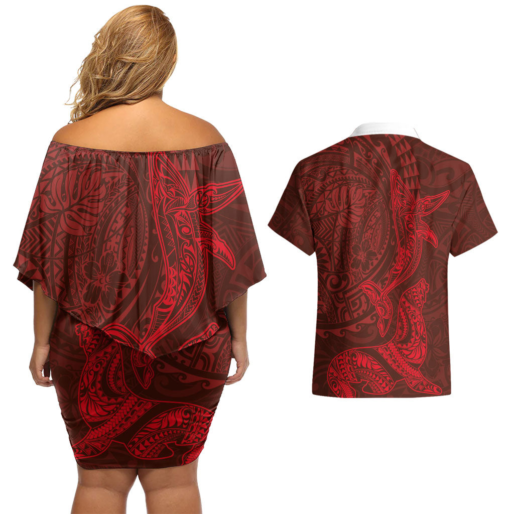 Hawaiian Monk Seal and Whale Couples Matching Off Shoulder Short Dress and Hawaiian Shirt Kakau Tribal Pattern Red Color LT03 - Polynesian Pride