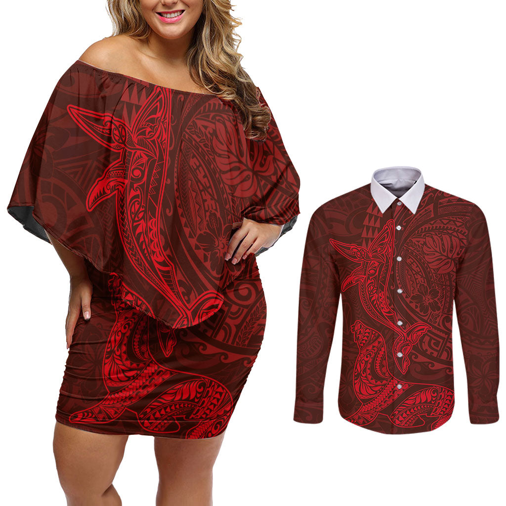 Hawaiian Monk Seal and Whale Couples Matching Off Shoulder Short Dress and Long Sleeve Button Shirt Kakau Tribal Pattern Red Color LT03 Red - Polynesian Pride
