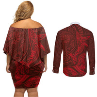 Hawaiian Monk Seal and Whale Couples Matching Off Shoulder Short Dress and Long Sleeve Button Shirt Kakau Tribal Pattern Red Color LT03 - Polynesian Pride