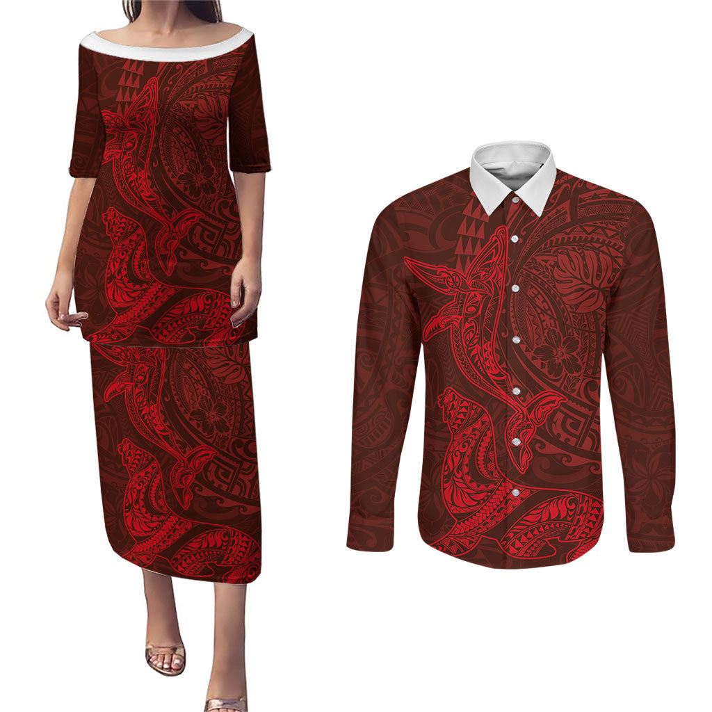Hawaiian Monk Seal and Whale Couples Matching Puletasi and Long Sleeve Button Shirt Kakau Tribal Pattern Red Color