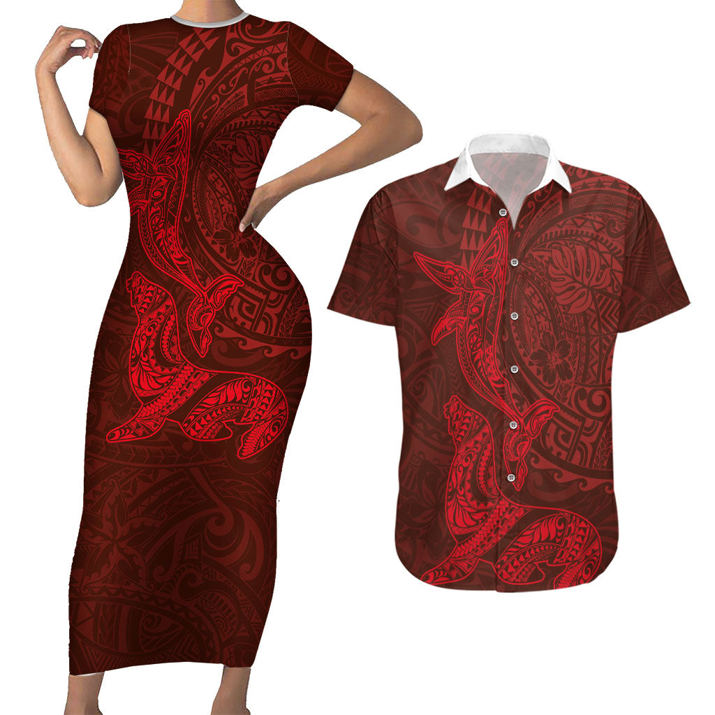 Hawaiian Monk Seal and Whale Couples Matching Short Sleeve Bodycon Dress and Hawaiian Shirt Kakau Tribal Pattern Red Color LT03 Red - Polynesian Pride
