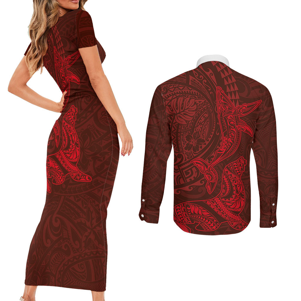 Hawaiian Monk Seal and Whale Couples Matching Short Sleeve Bodycon Dress and Long Sleeve Button Shirt Kakau Tribal Pattern Red Color LT03 - Polynesian Pride