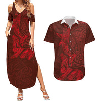 Hawaiian Monk Seal and Whale Couples Matching Summer Maxi Dress and Hawaiian Shirt Kakau Tribal Pattern Red Color LT03 Red - Polynesian Pride