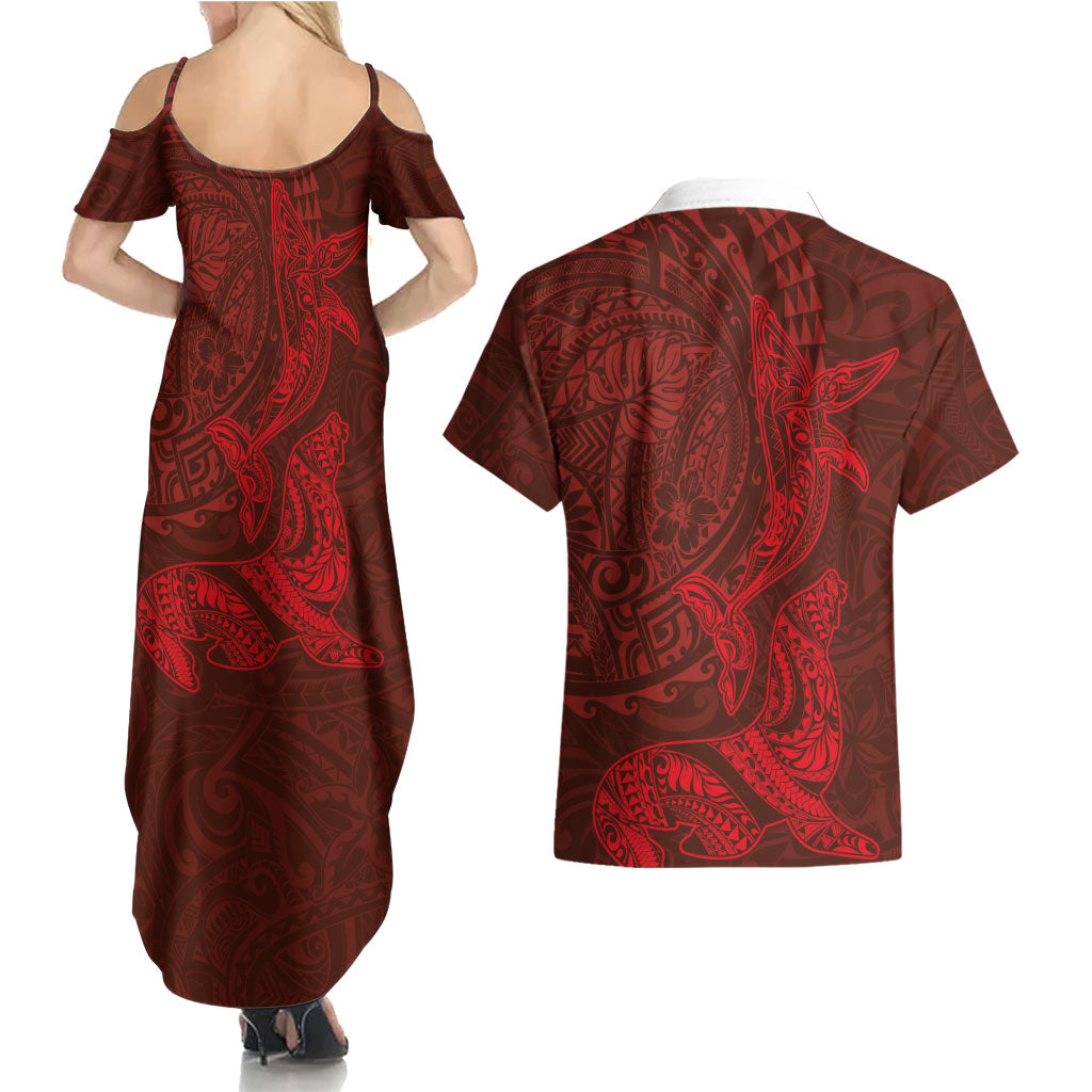 Hawaiian Monk Seal and Whale Couples Matching Summer Maxi Dress and Hawaiian Shirt Kakau Tribal Pattern Red Color LT03 - Polynesian Pride