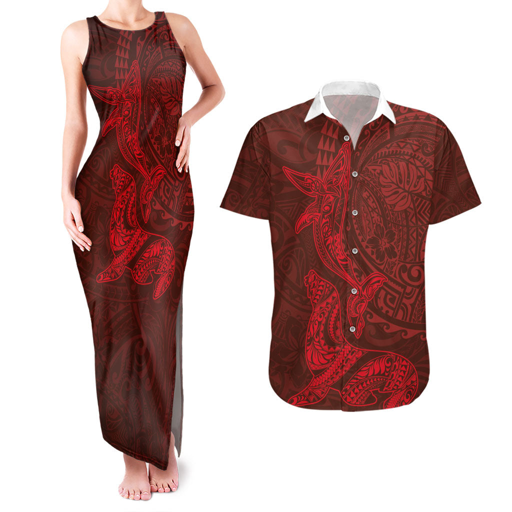 Hawaiian Monk Seal and Whale Couples Matching Tank Maxi Dress and Hawaiian Shirt Kakau Tribal Pattern Red Color LT03 Red - Polynesian Pride
