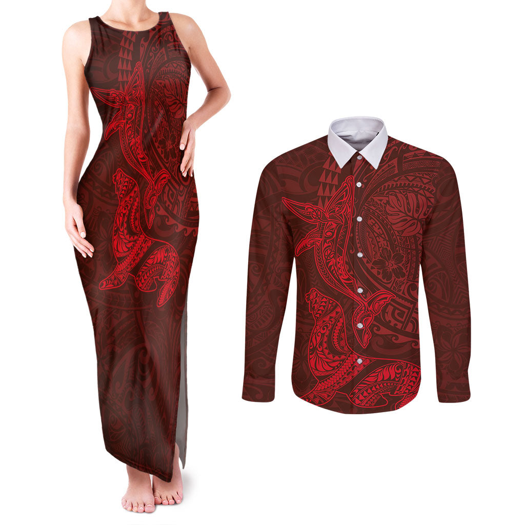 Hawaiian Monk Seal and Whale Couples Matching Tank Maxi Dress and Long Sleeve Button Shirt Kakau Tribal Pattern Red Color